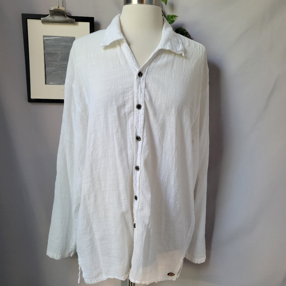 Cotton Natural Roll Tab Sleeve Button Front Top M